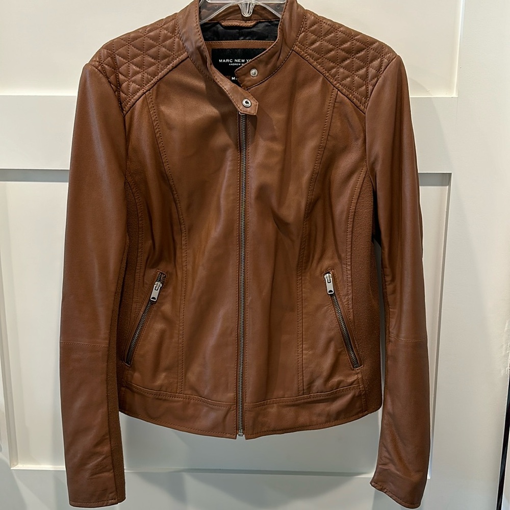 Marc New York Andrew Marc Glenbrook Brown Leather Knit Motorcycle Jacket Sz M